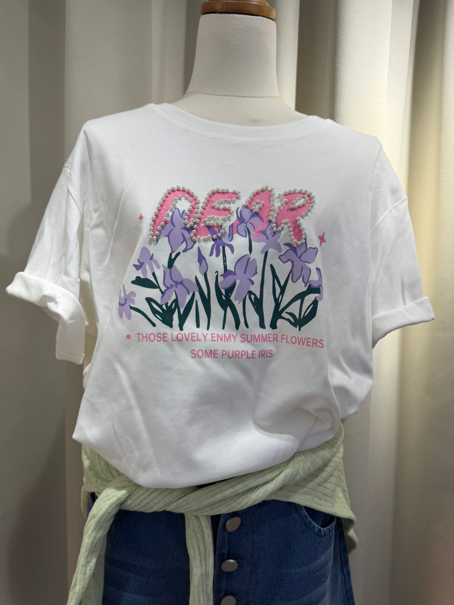 白色珍珠「DEAR」字母鳶尾花印花短袖T恤