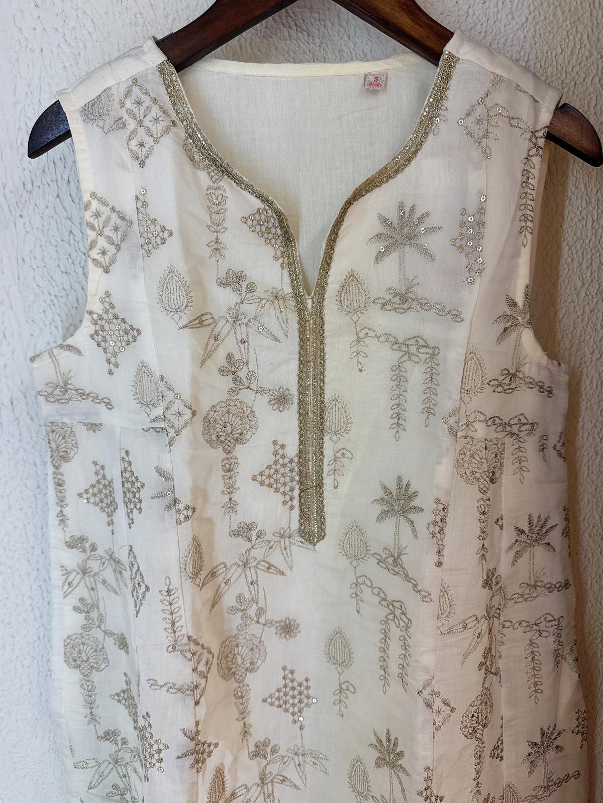 2191 Pearl White Golden Emb. Sleeveless Top 31"