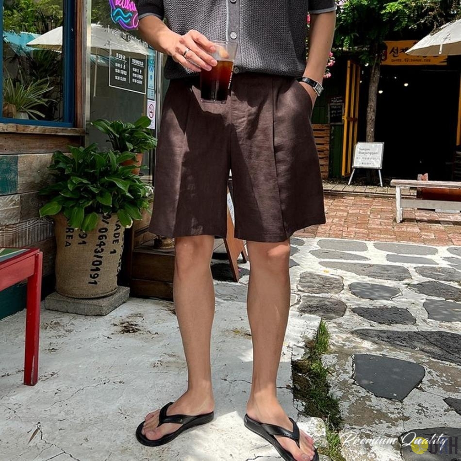 【100%保證韓國直送】Linen Blending 清爽亞麻質感單褶後腰橡筋直筒五分短褲 🩳 [3 color] RG165913