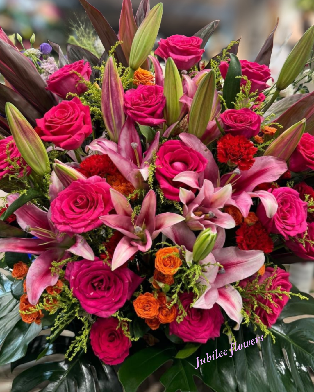 🎉【開張花籃】紅粉系列｜ 紅玫瑰粉百合開業賀籃