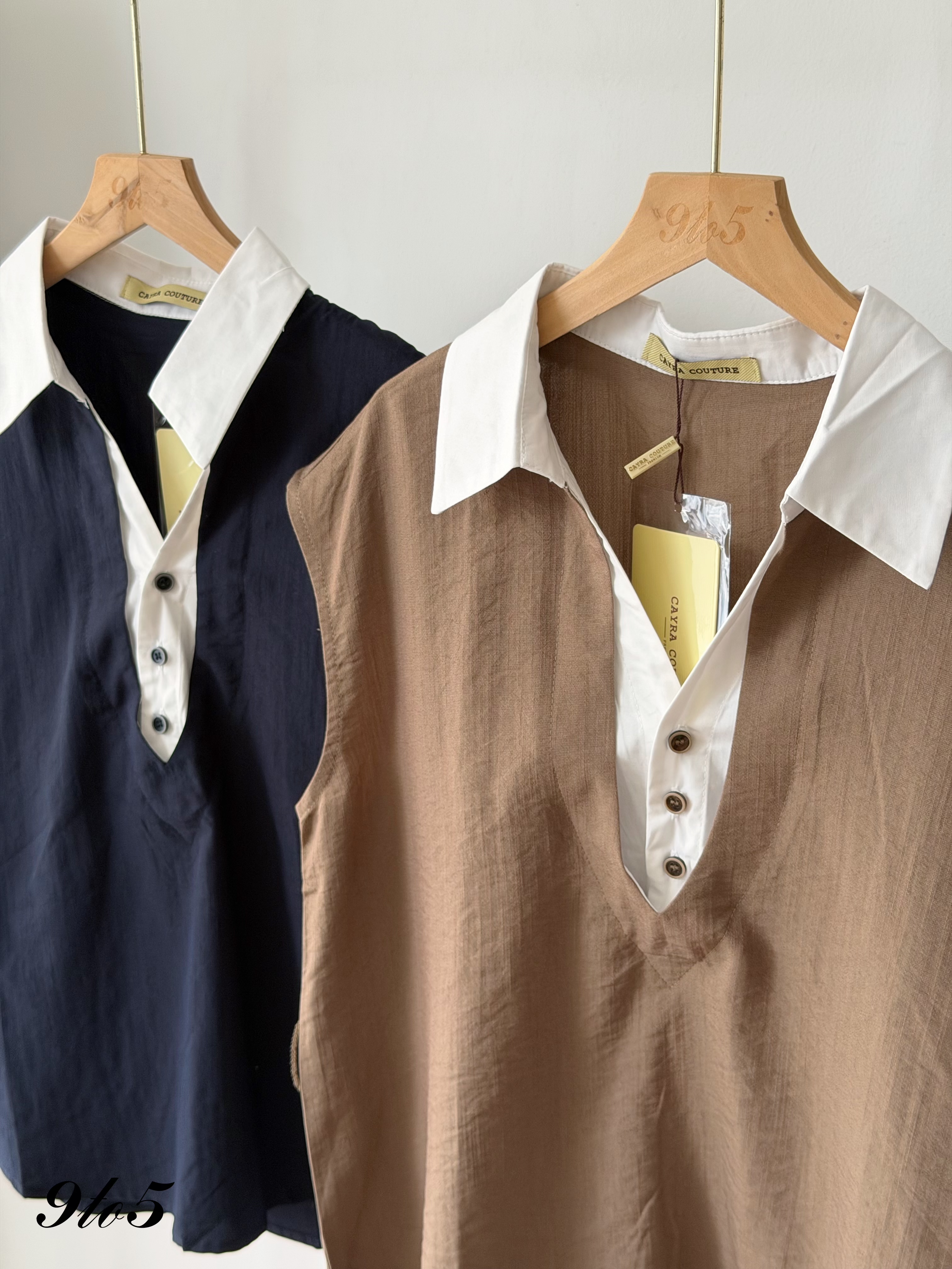 D2381 Fake Two-Pieces Matching Set - Brown & Navy
