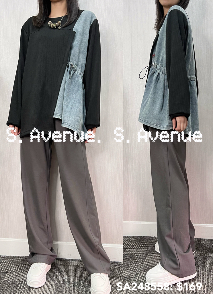 SA248558: 長袖暗紋料側拼牛仔束腰top