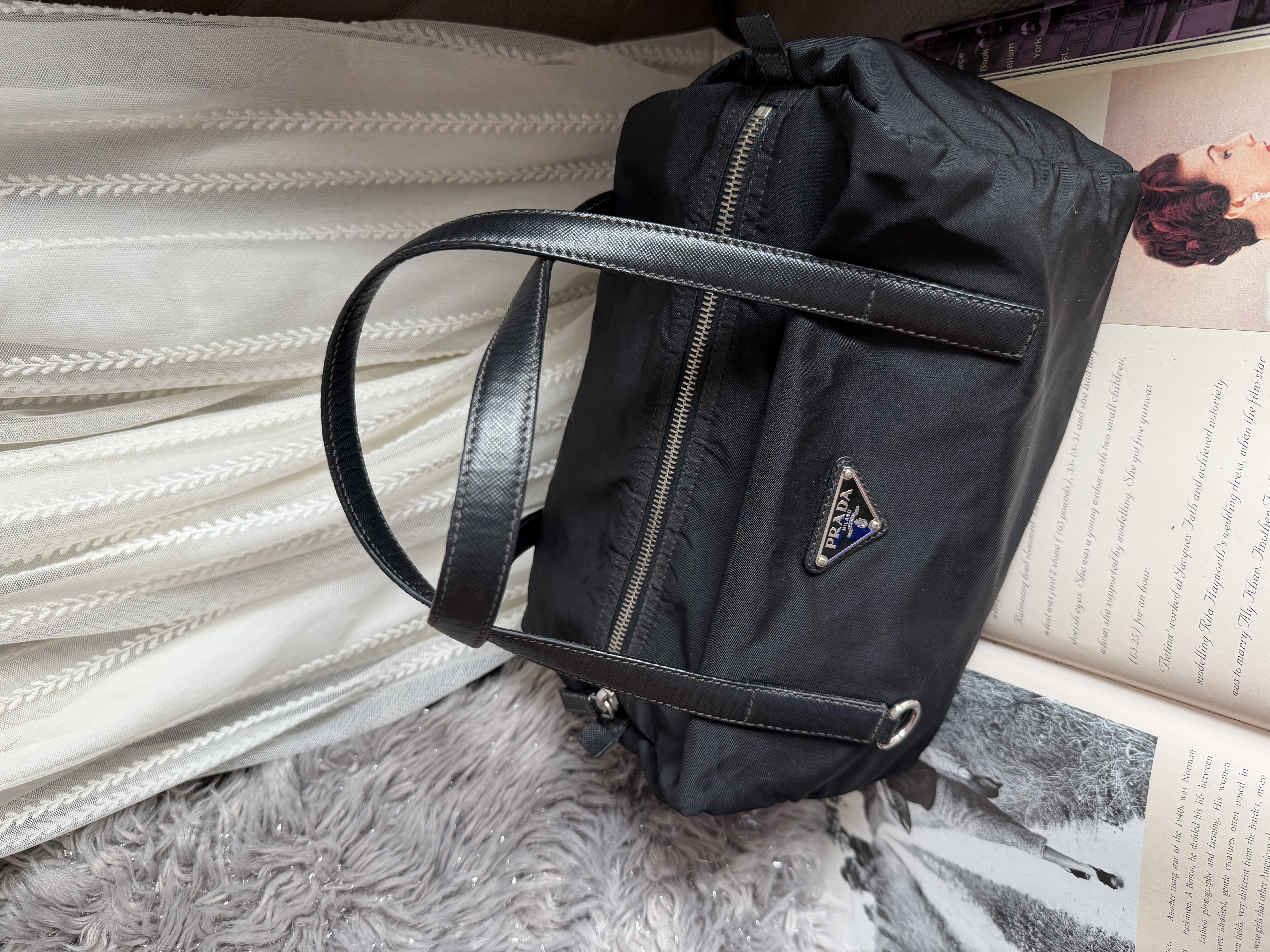 Prada black nylon / leather shoulder tote bag