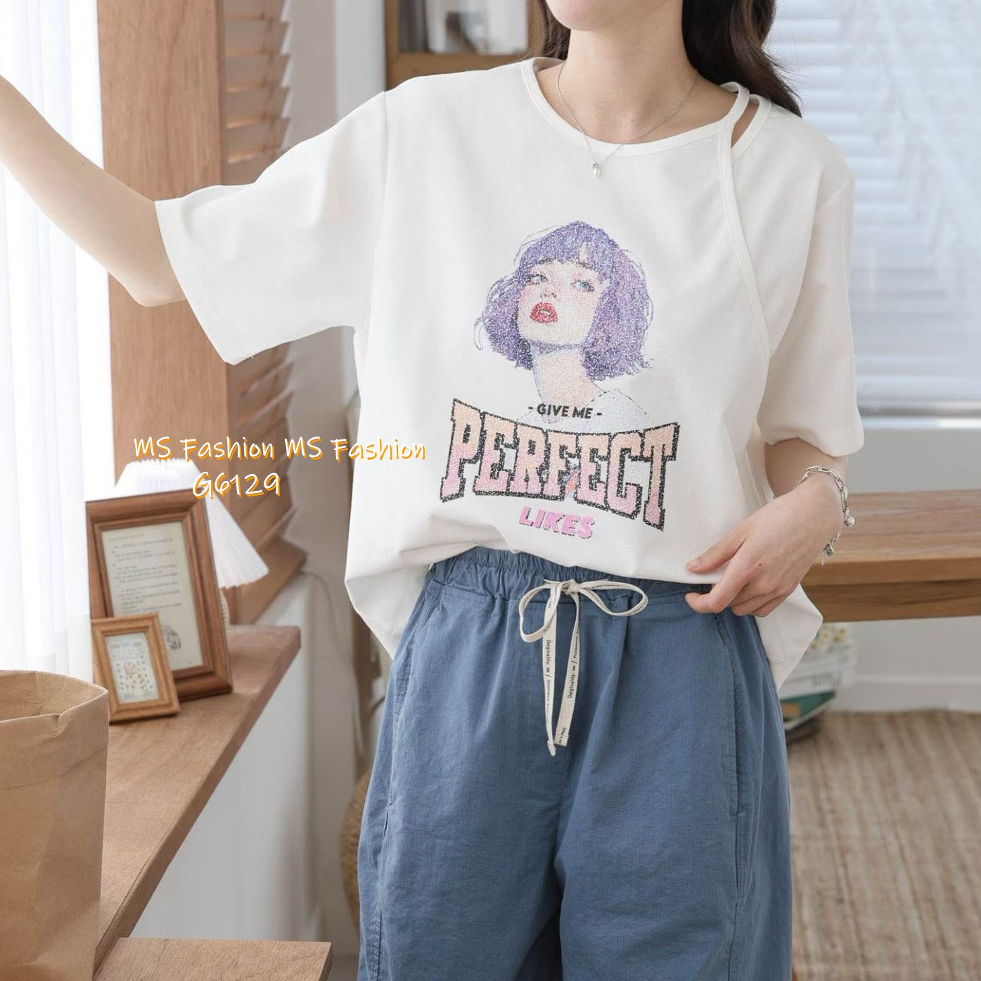 G6129 韓國🇰🇷型格小露肩女仔頭top