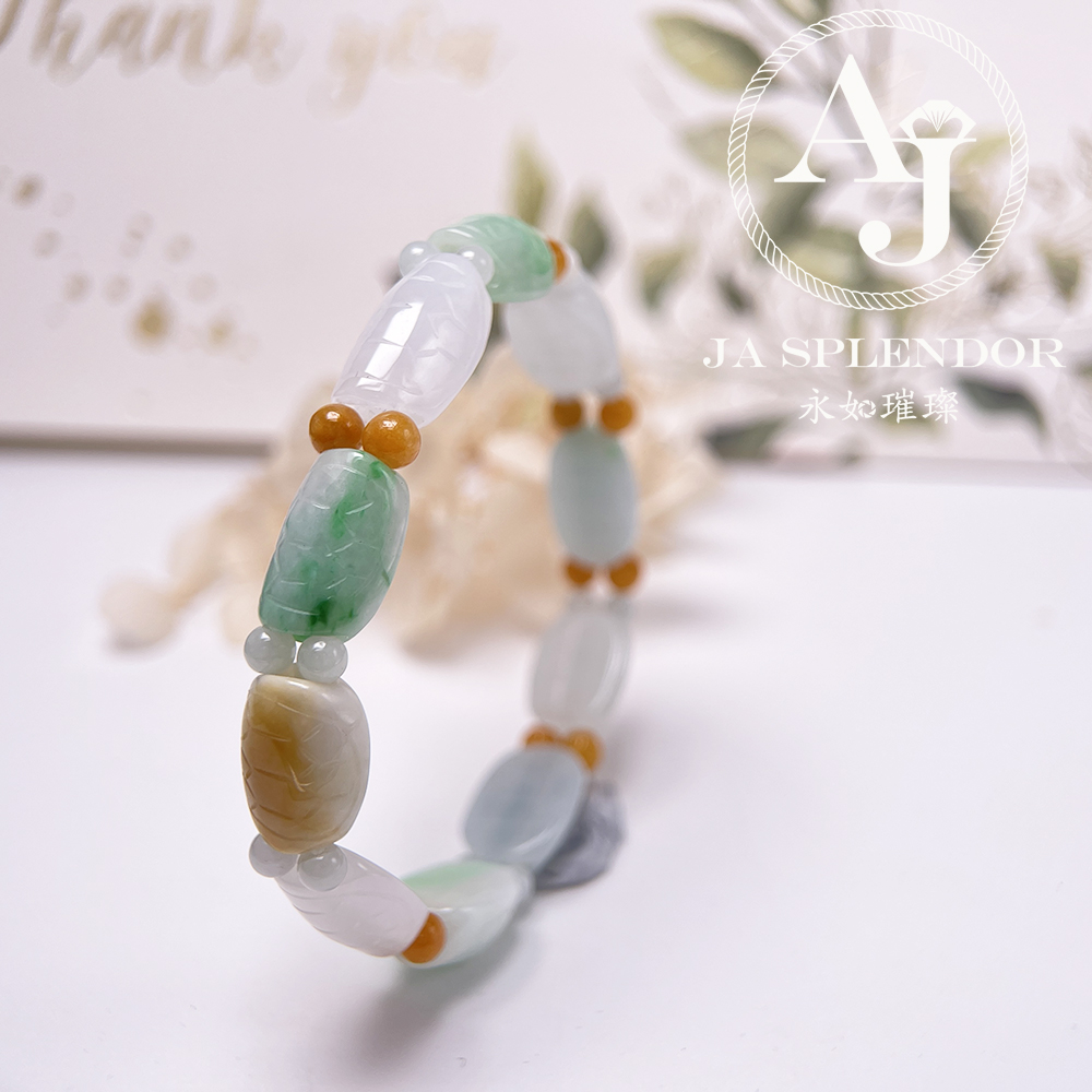 OF-06-C 天然翡翠A玉 - 冰潤三彩長壽吉祥龜貝手串