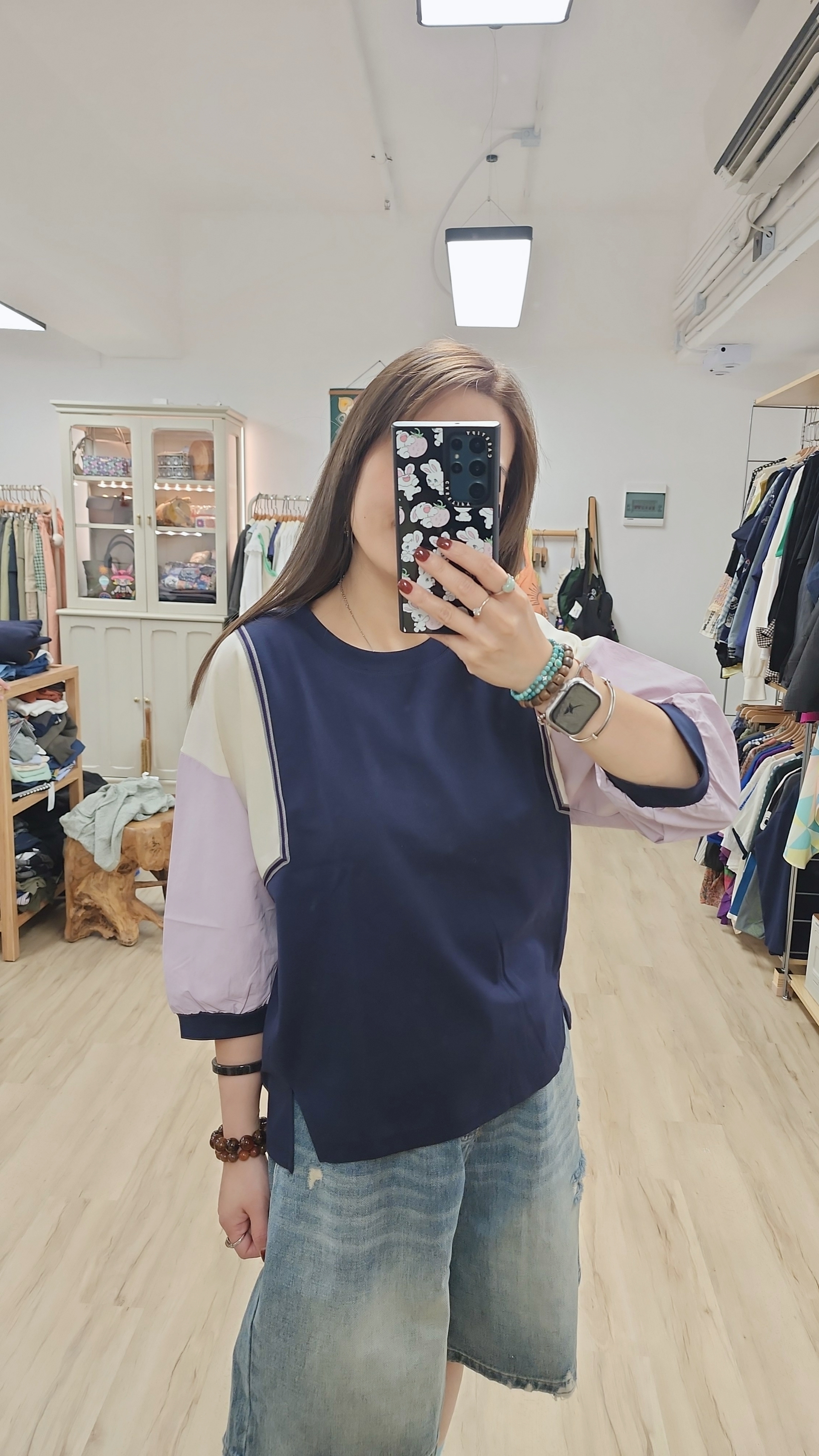 韓國深藍拼粉紫米白袖衫