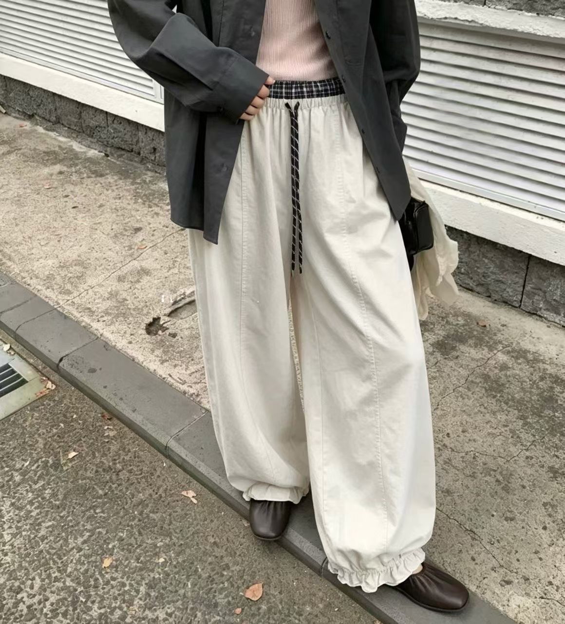 221488 格紋褲頭荷葉邊長褲