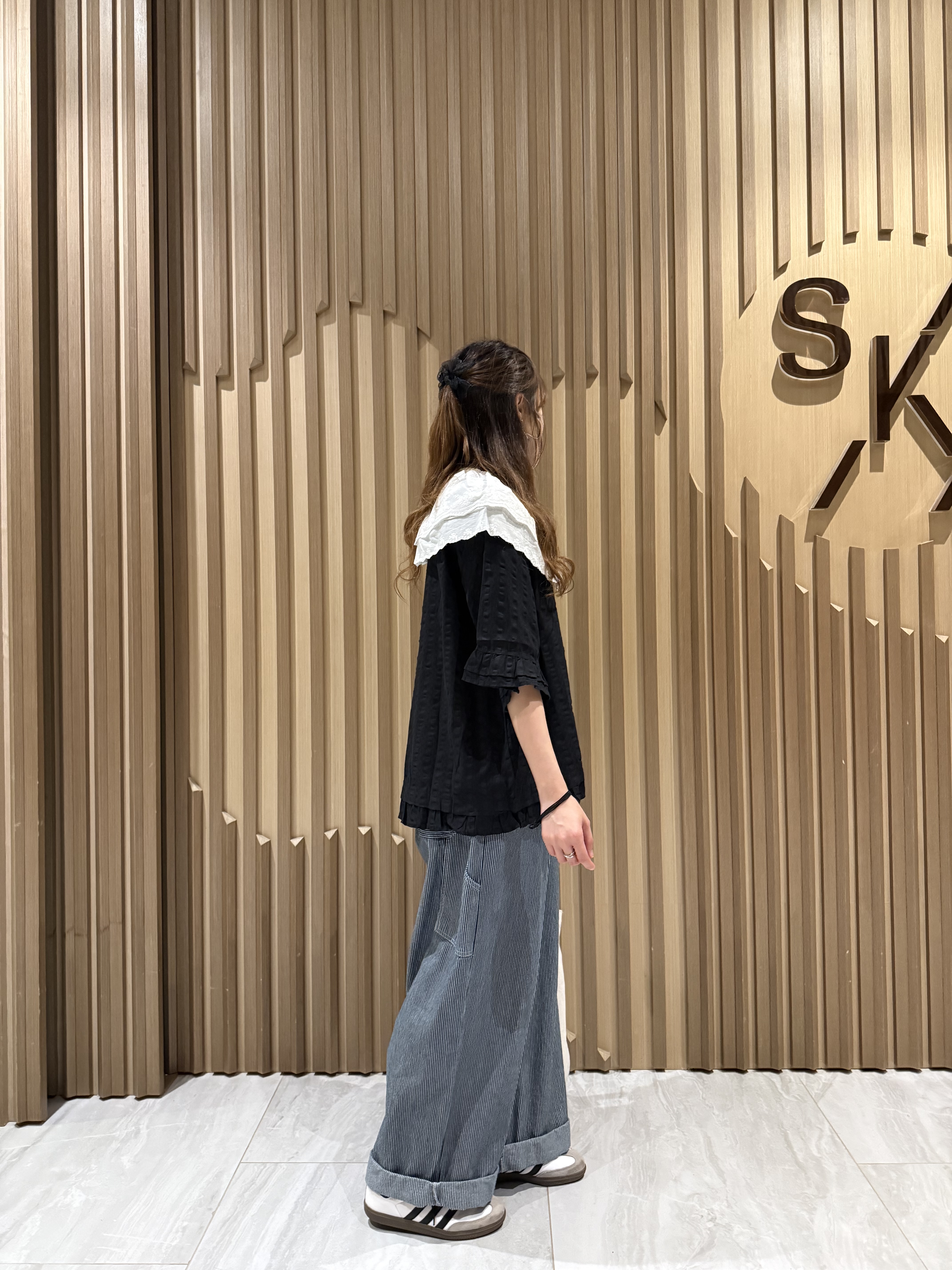 牛仔間條直腳褲