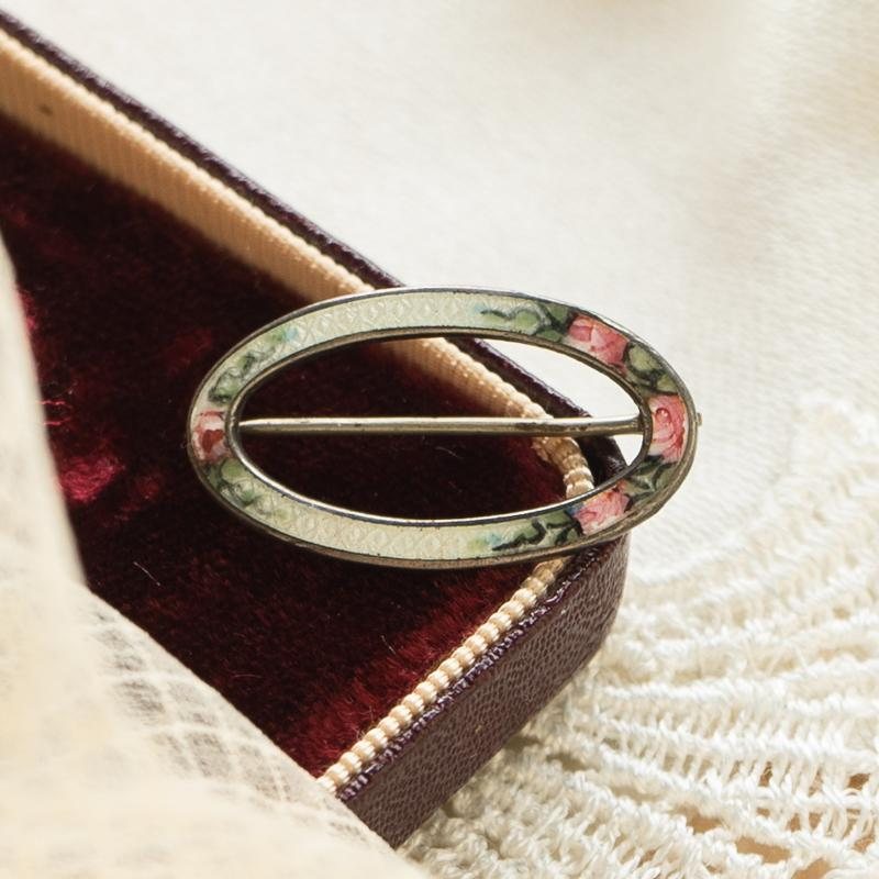 Antique Edwardian /Art Nouveau Sterling Silver Handpainted Floral Guilloche Enamel Oval Brooch (EA1834)