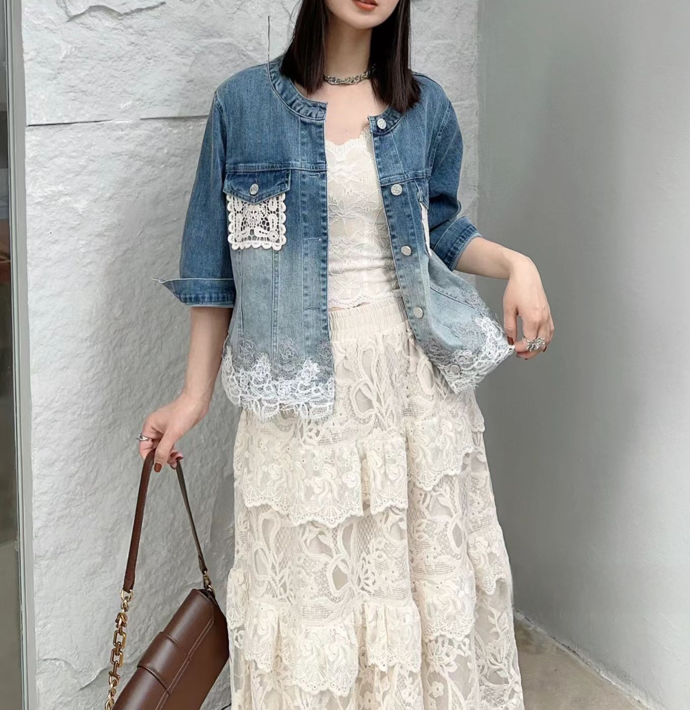 簿料牛仔x重工燒花蕾絲外套(M38寸胸 L40寸 XL42寸)