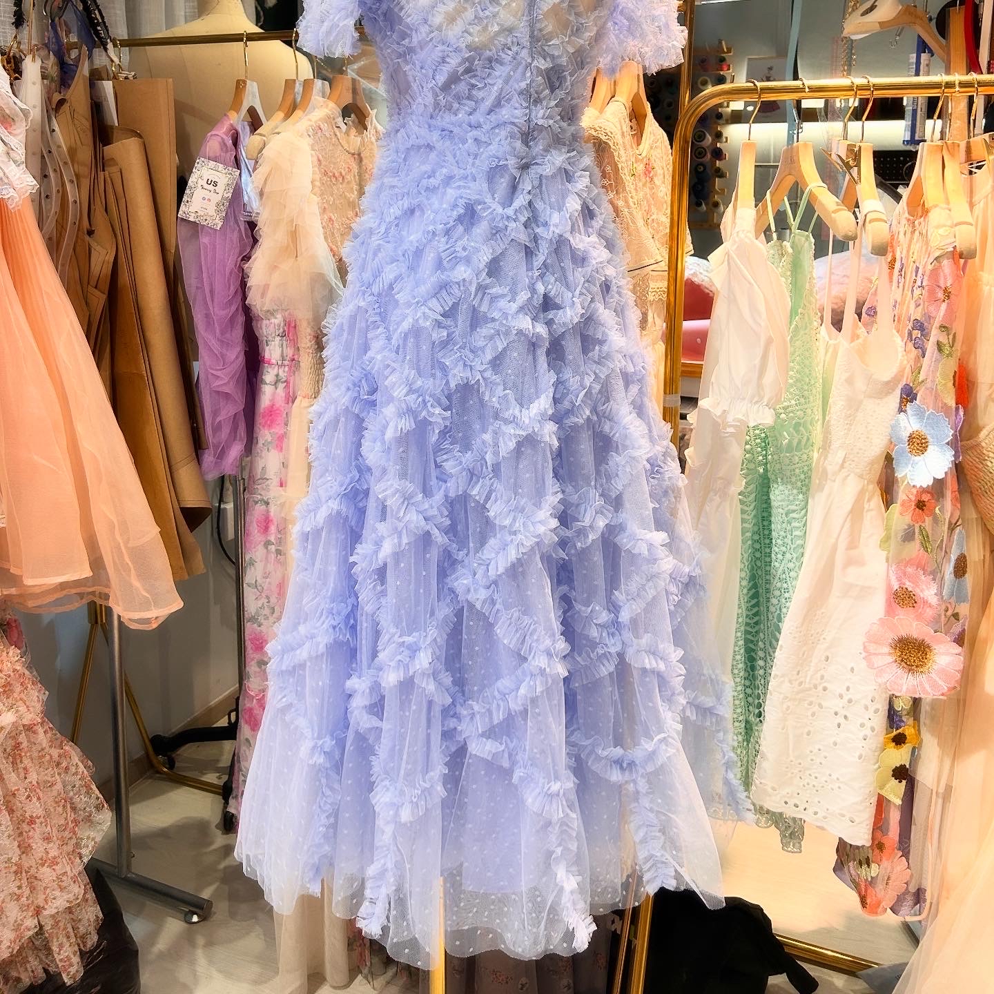 藍色褶邊洋裝長裙