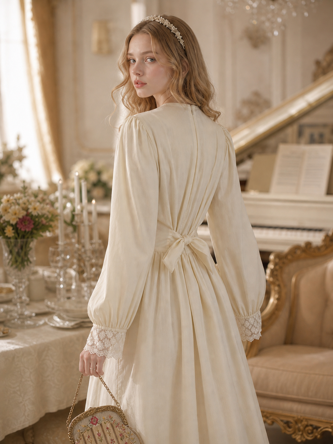 凡爾賽晨光野菊珍珠刺繡連身裙 Versailles Morning Light Daisy & Pearl Embroidered Vintage One-Piece Dress