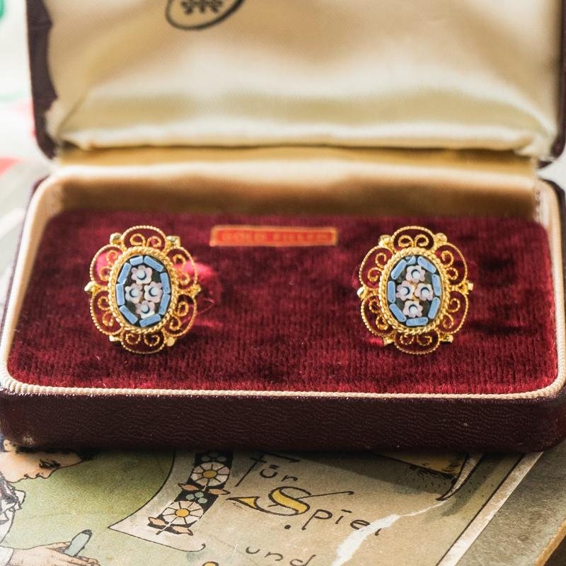 Made in Italy Modern Mosaic Filigree Edged Clip Earrings (ITMA71)
