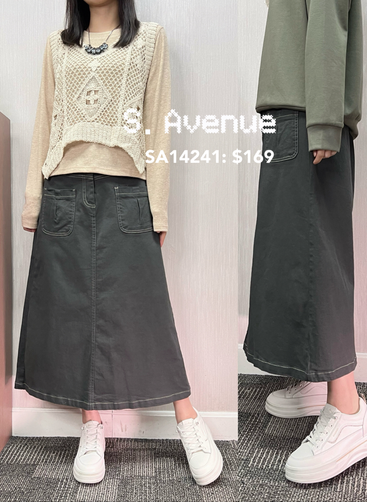 SA14241: 半截有鈕有拉鍊明線前雙袋小A字裙