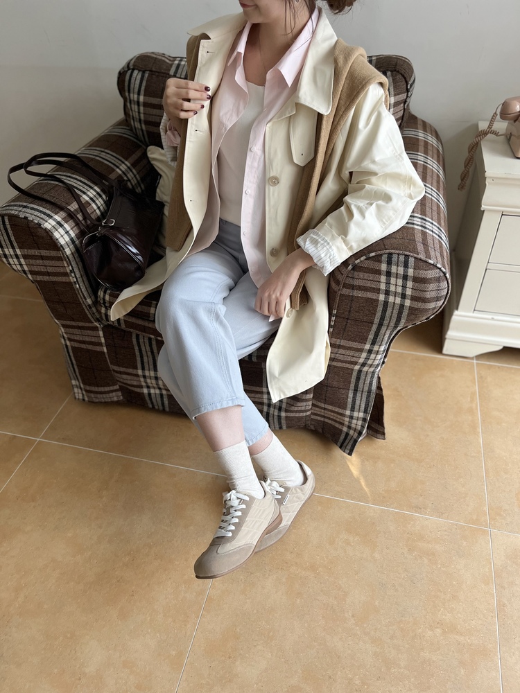 Stripe-Lined Relaxed Trench Coat (Cream)