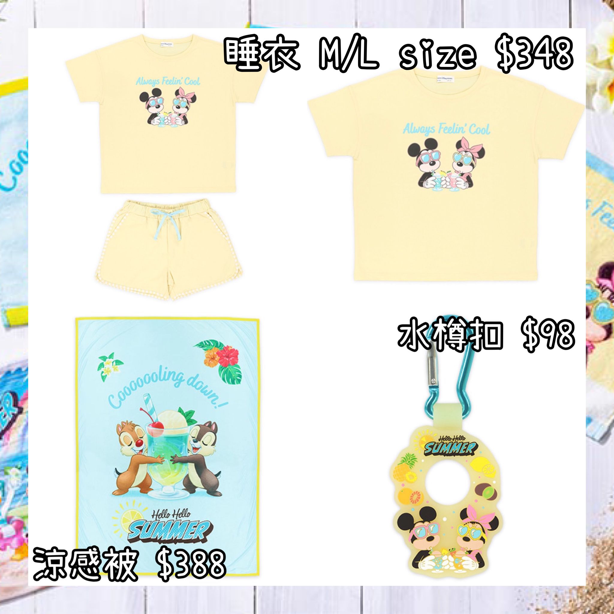 ：日本：DISNEYLAND園區產品HELLO HELLO SUMMER! 11/6 日本發賣 睡衣 涼感被 水樽扣