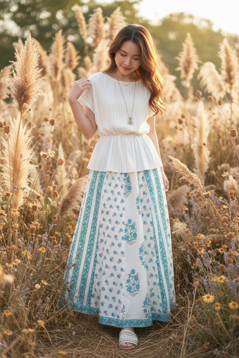 520 White with Green Print Skirt