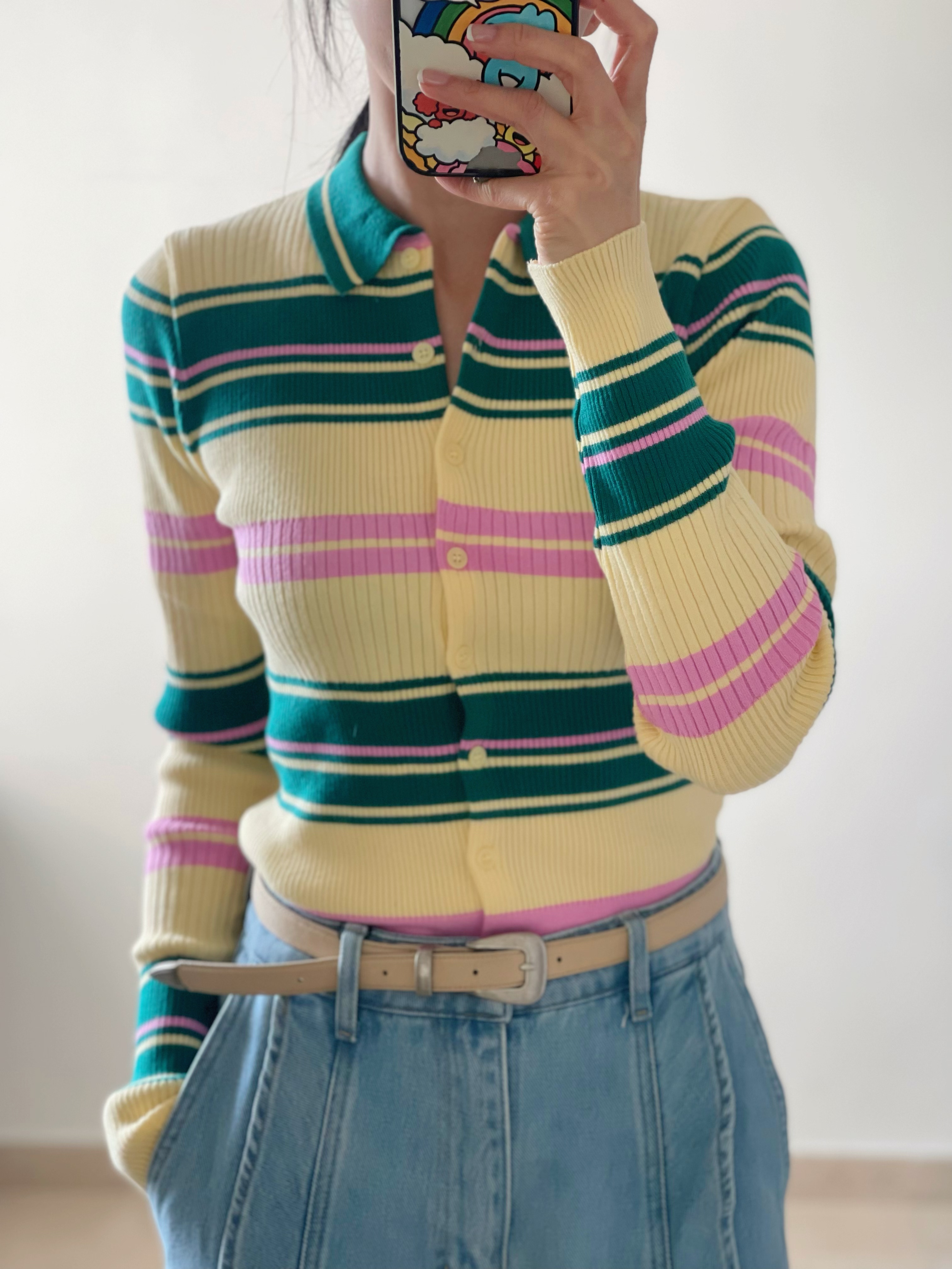 Retro rainbain ribbed knit top