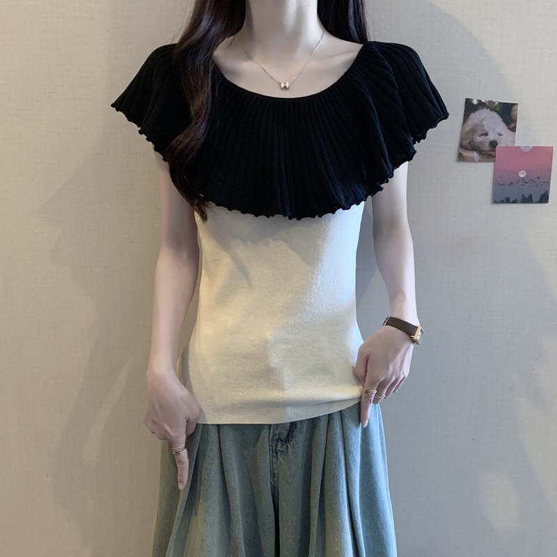 B143(980) 法式小众设计感撞色一字肩百褶荷叶领边黑杏针织上衣 