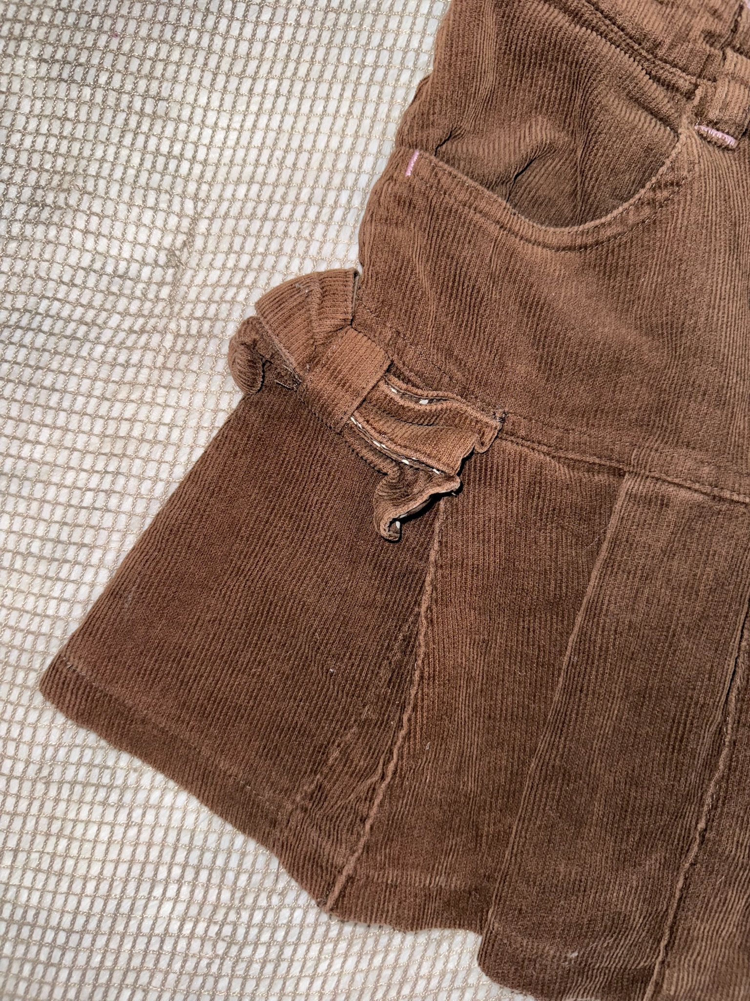Brown Corduroy Pleated Mini Skirt with Side Bows and Polka Dot Lining