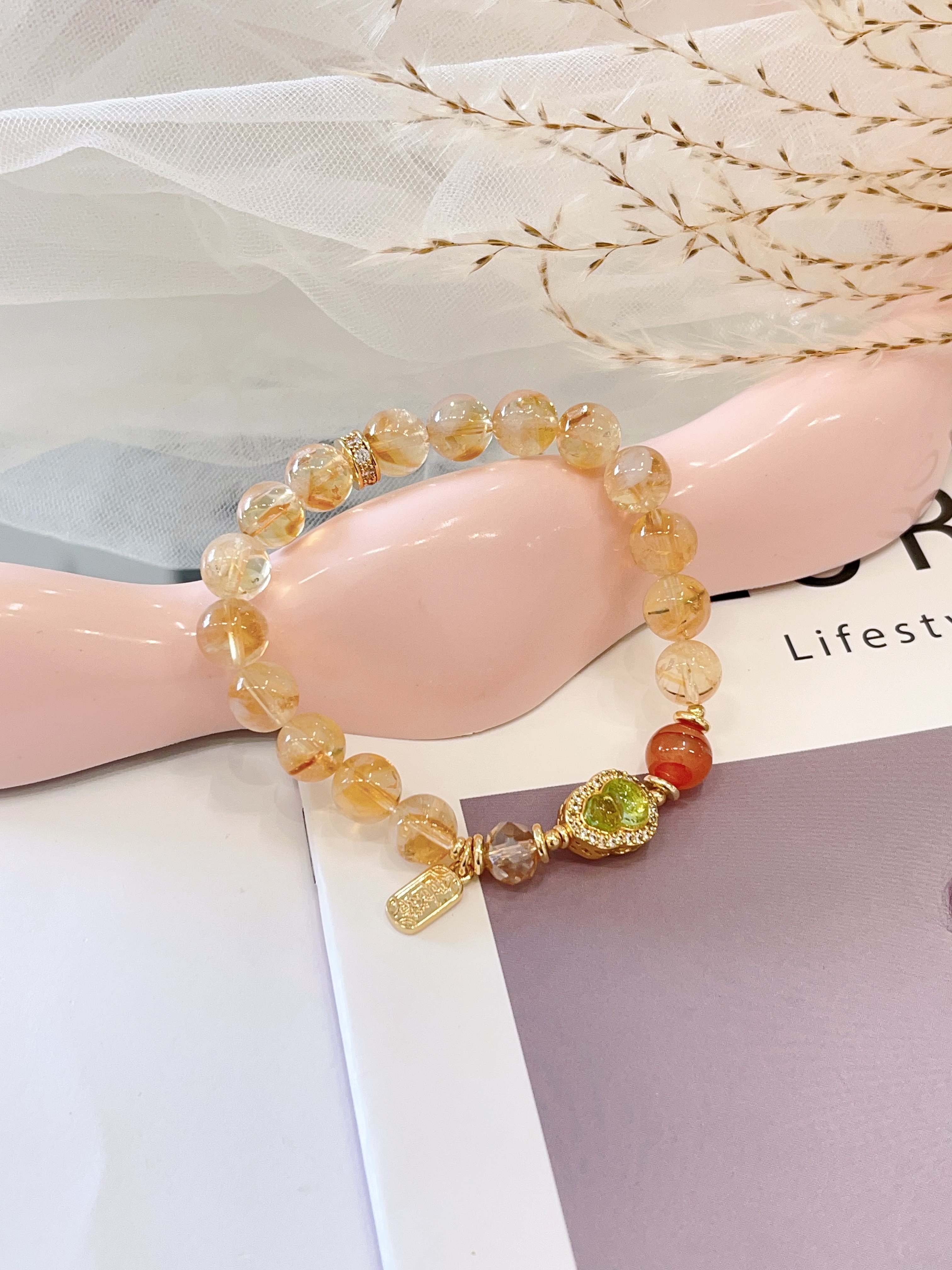 💛 黄塔晶 × 冰飘南红 × 葫芦吊饰手串 Citrine, Icy Nanhong Agate & Gourd Charm | 8mm