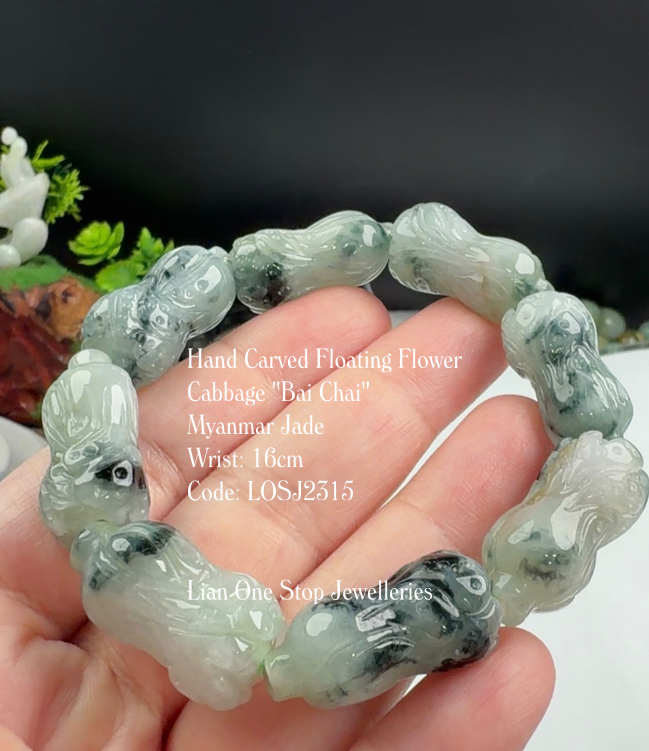 Code: LOSJ2315 Hand Carved Floating Flower Cabbage "Bai Chai"  Myanmar Jade 