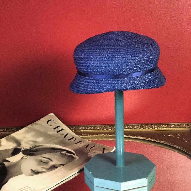 C.a. 1960s Indigo Blue Straw Lady Cap Hat (MT1230)
