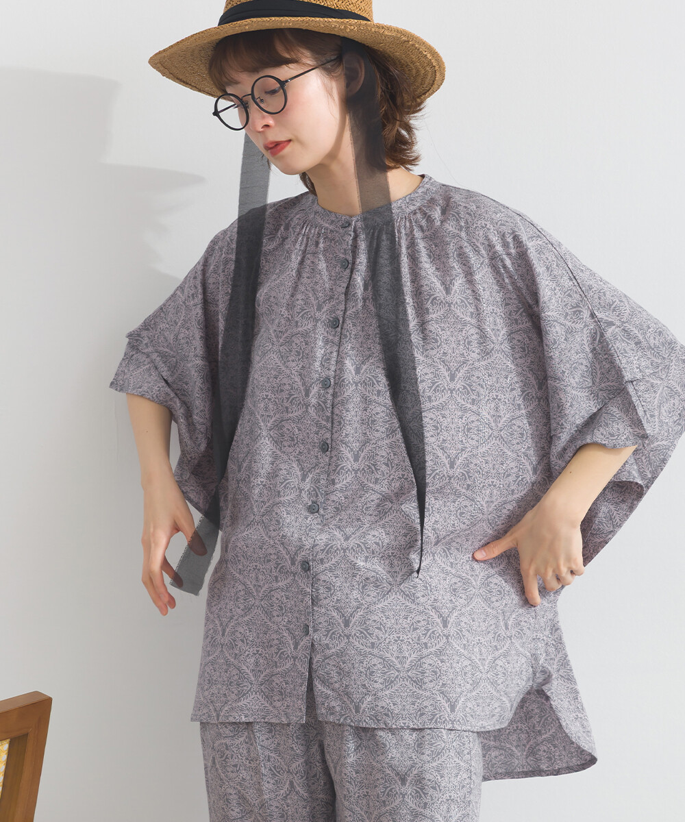 LP - 植物圖案鈕扣襯衫 (煙藍色)