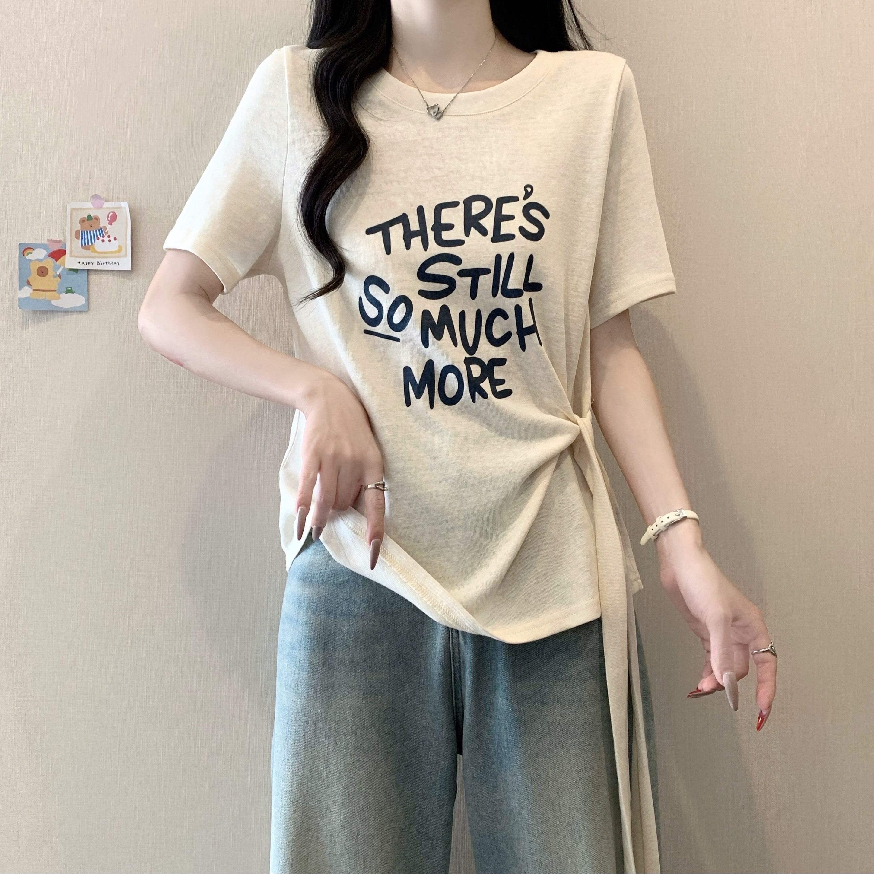 B214(80825) 韩版THERE’S STILL SO MUCH MORE侧腰绑带3色上衣 