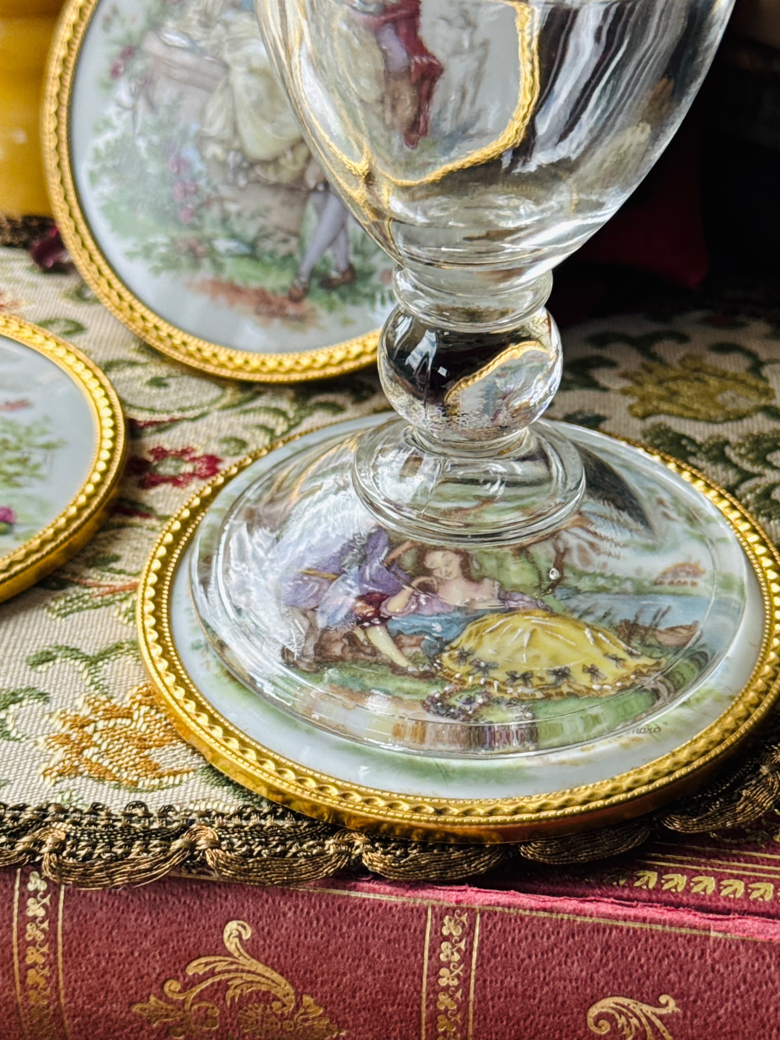 Vintage French Limoges Porcelain Decorative Plaques Rococo courting scenes Gilt metal frames - Set of 3 (MT2632)