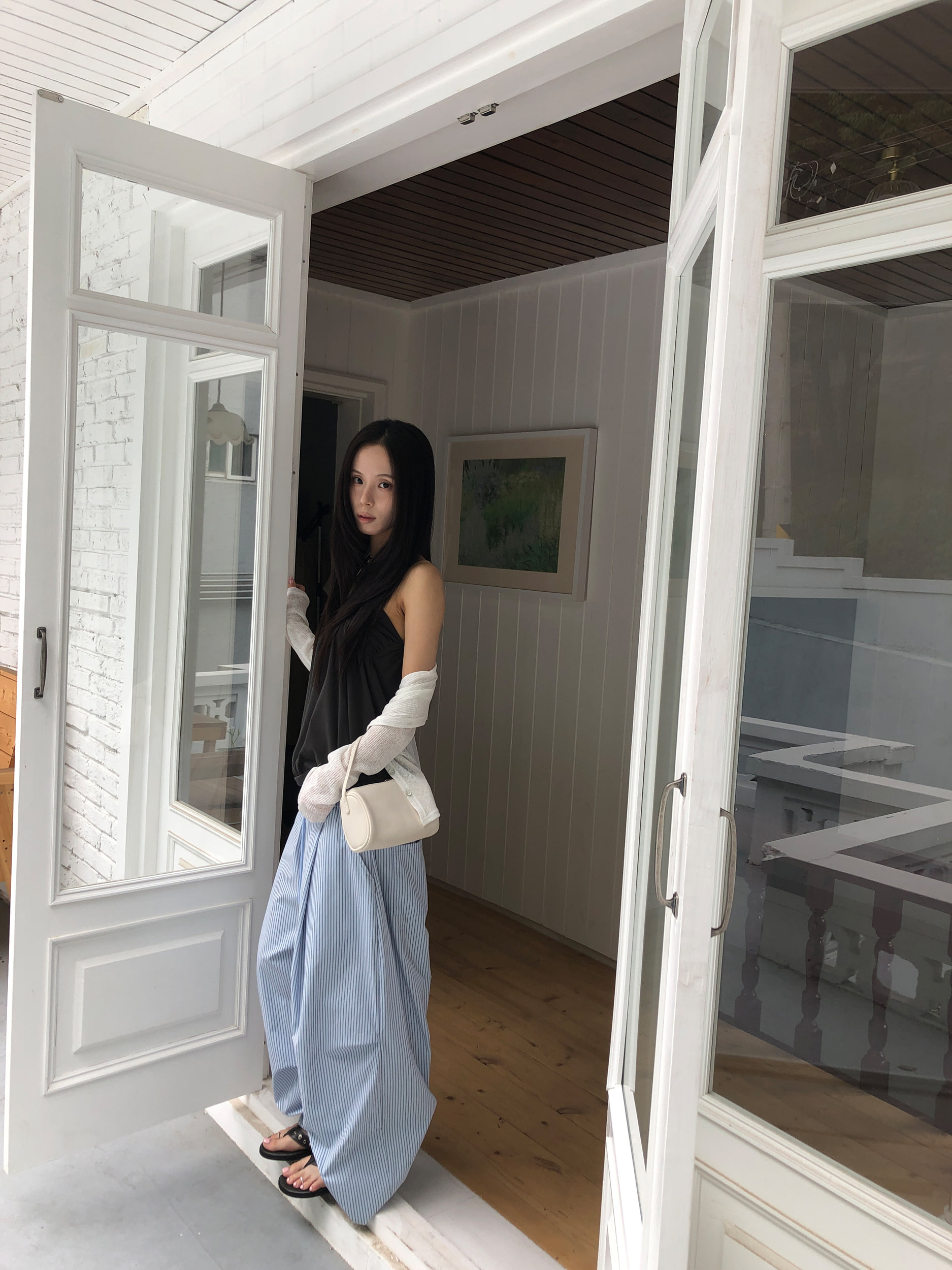 Pinstripe Pintuck Wide-Leg Pants