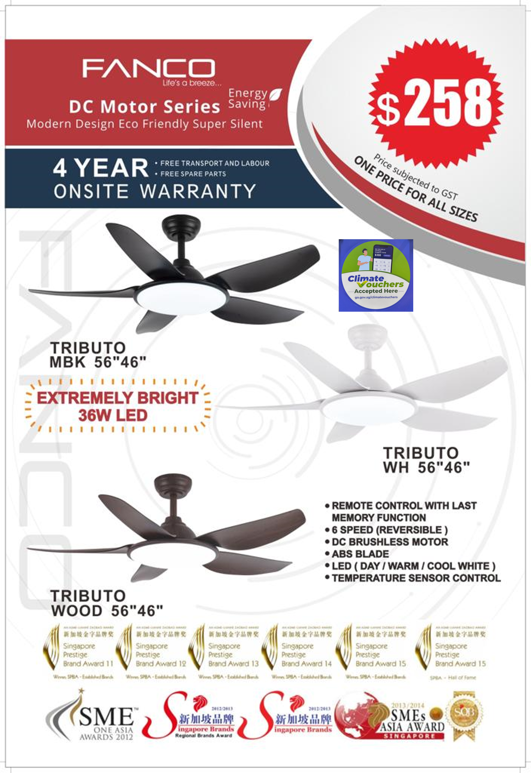Fanco Tributo Ceiling Fan with Extra Bright 36W LED $258.00