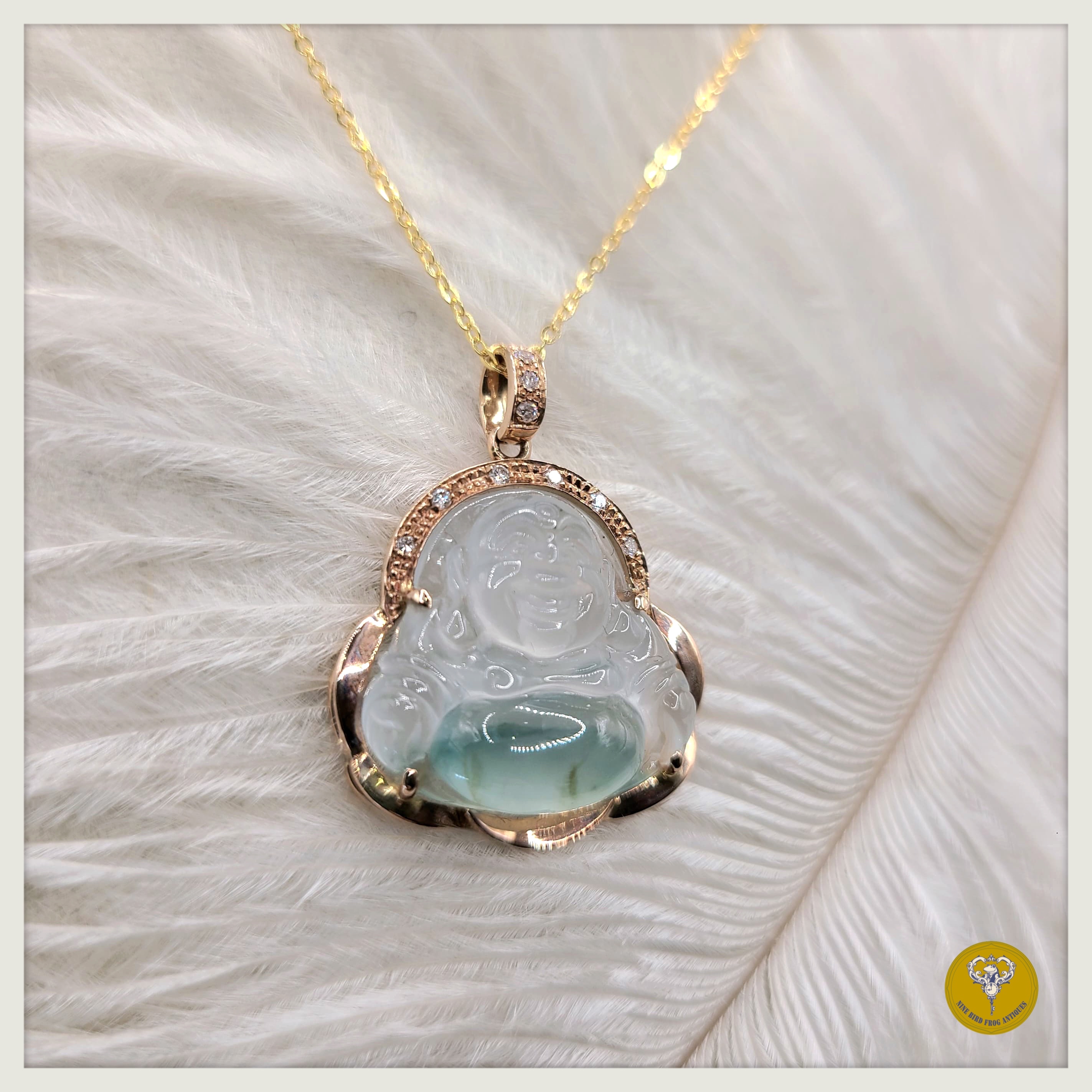 80年代高冰種翡翠彌勒佛鑽石18k金鑲嵌配純銀包金頸鍊（付證書）