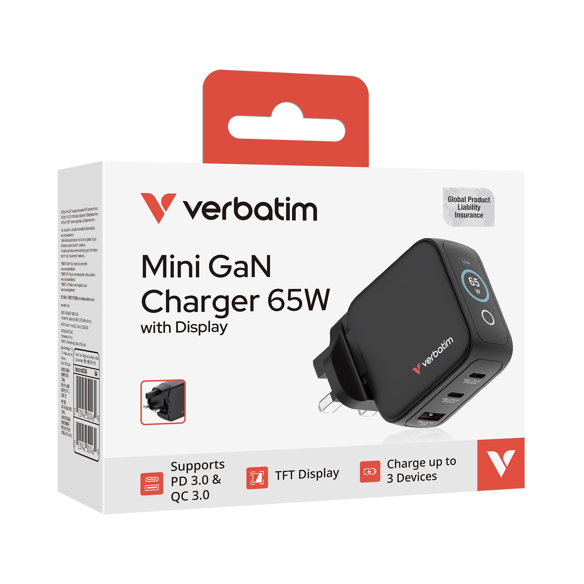 Verbatim #30246 65W迷你GaN牆式帶顯示屏充電器