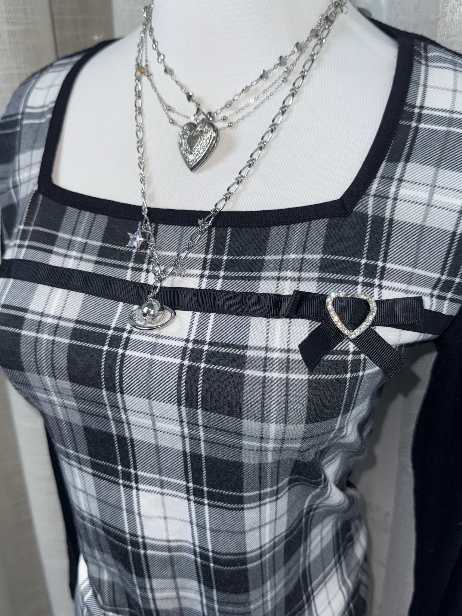 Y2K Plaid Color-Block Long Sleeve with Heart Buckle