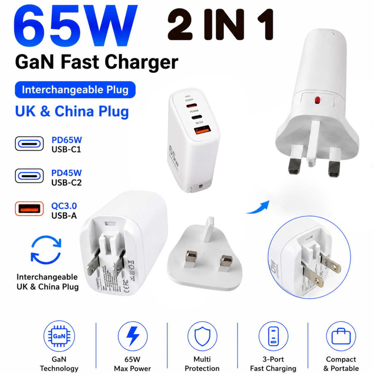 YJKL GaN 65W Fast Charger | Interchangeable UK & China Plug | Dual USB-C + USB-A | PD/QC3.0 Travel Adapter