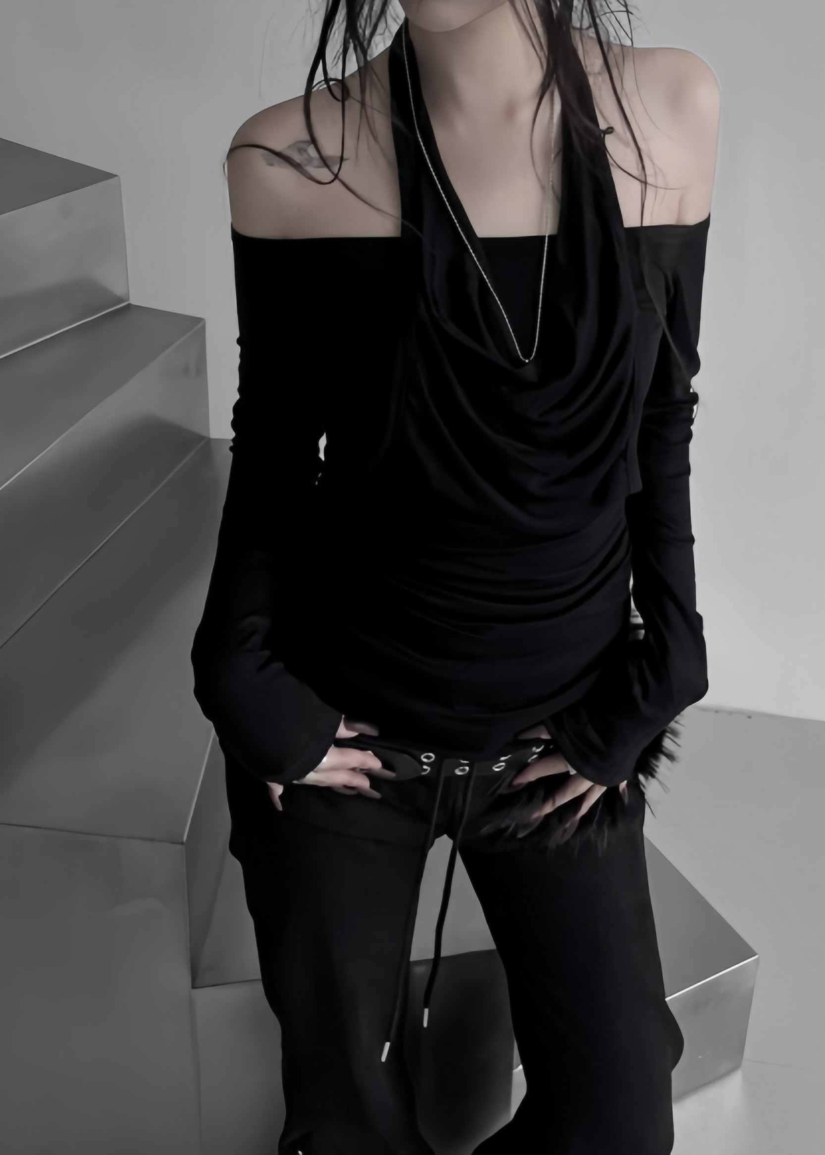 Halter Off-Shoulder Ruched Long Sleeve