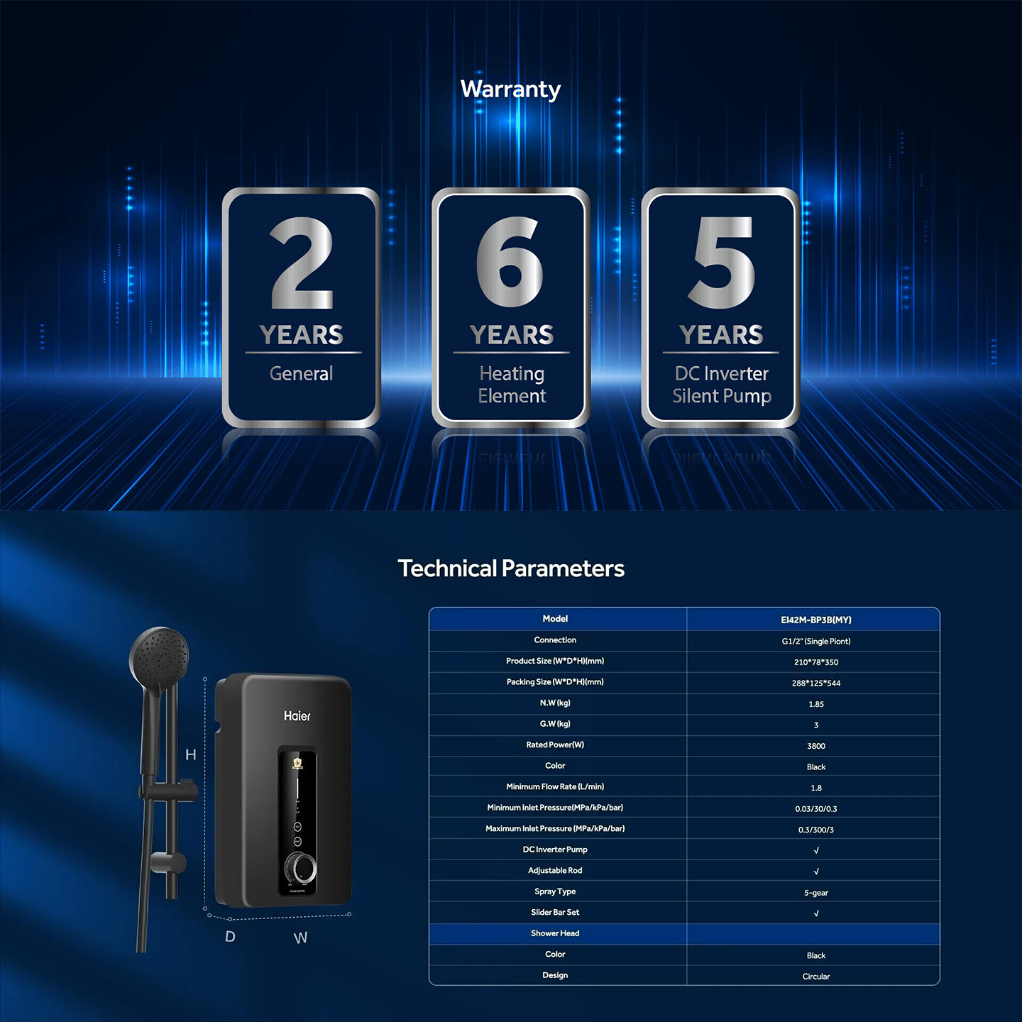 Haier 3.8kW DC Pump Water Heater Black (EI38M-BP3B)