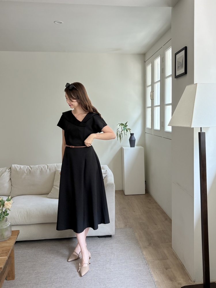 Sailor Collar Belted Dress (Black)