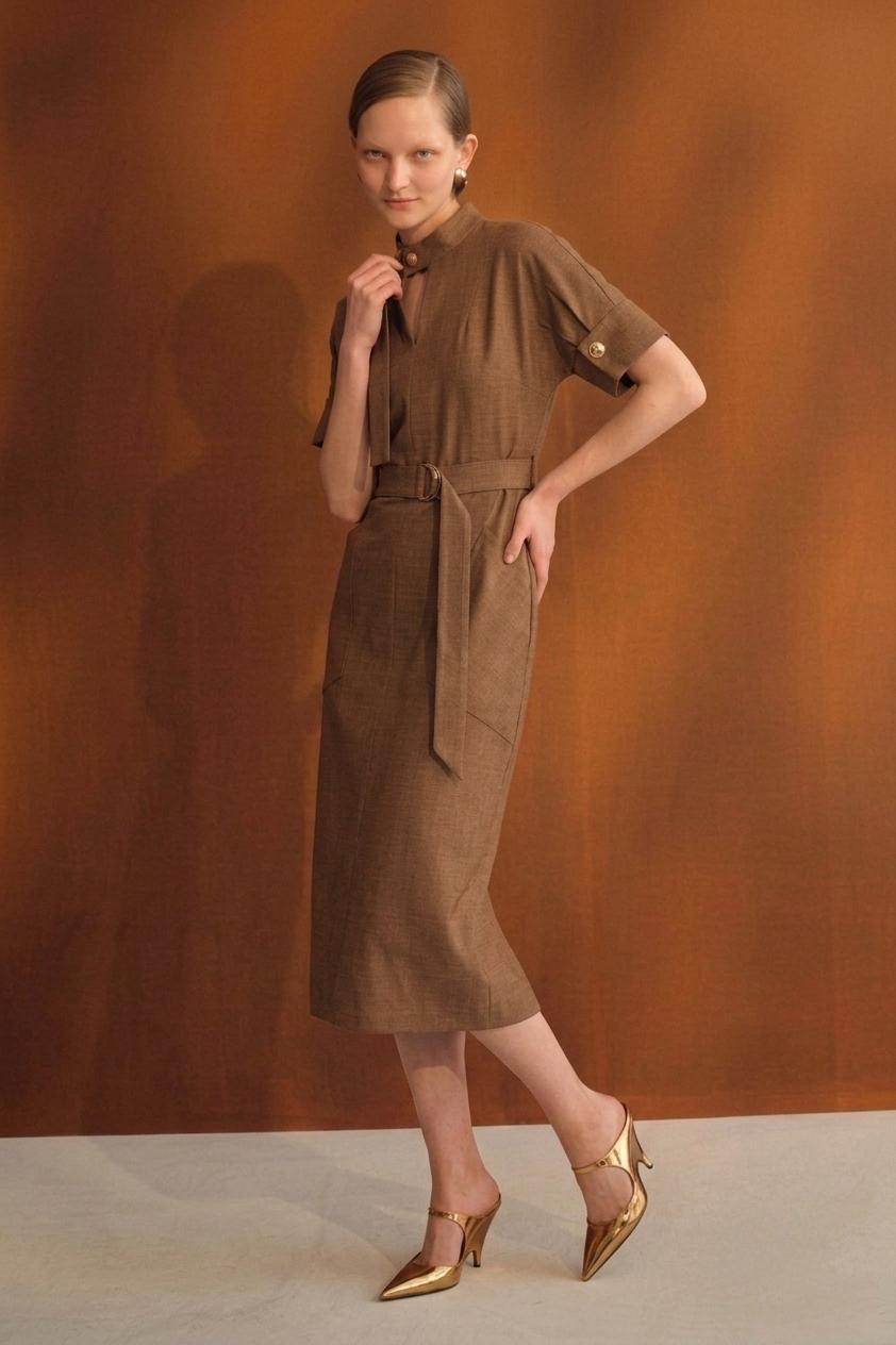 E8274BD Belted Mandarin Collar Dress