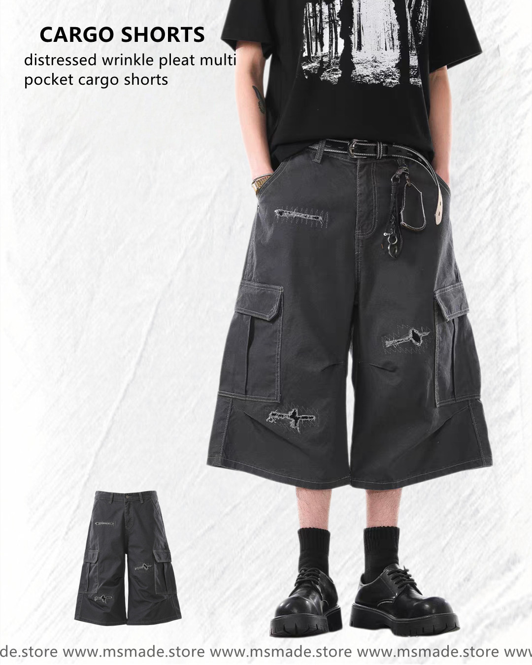 M312破洞皺褶多袋工裝短褲