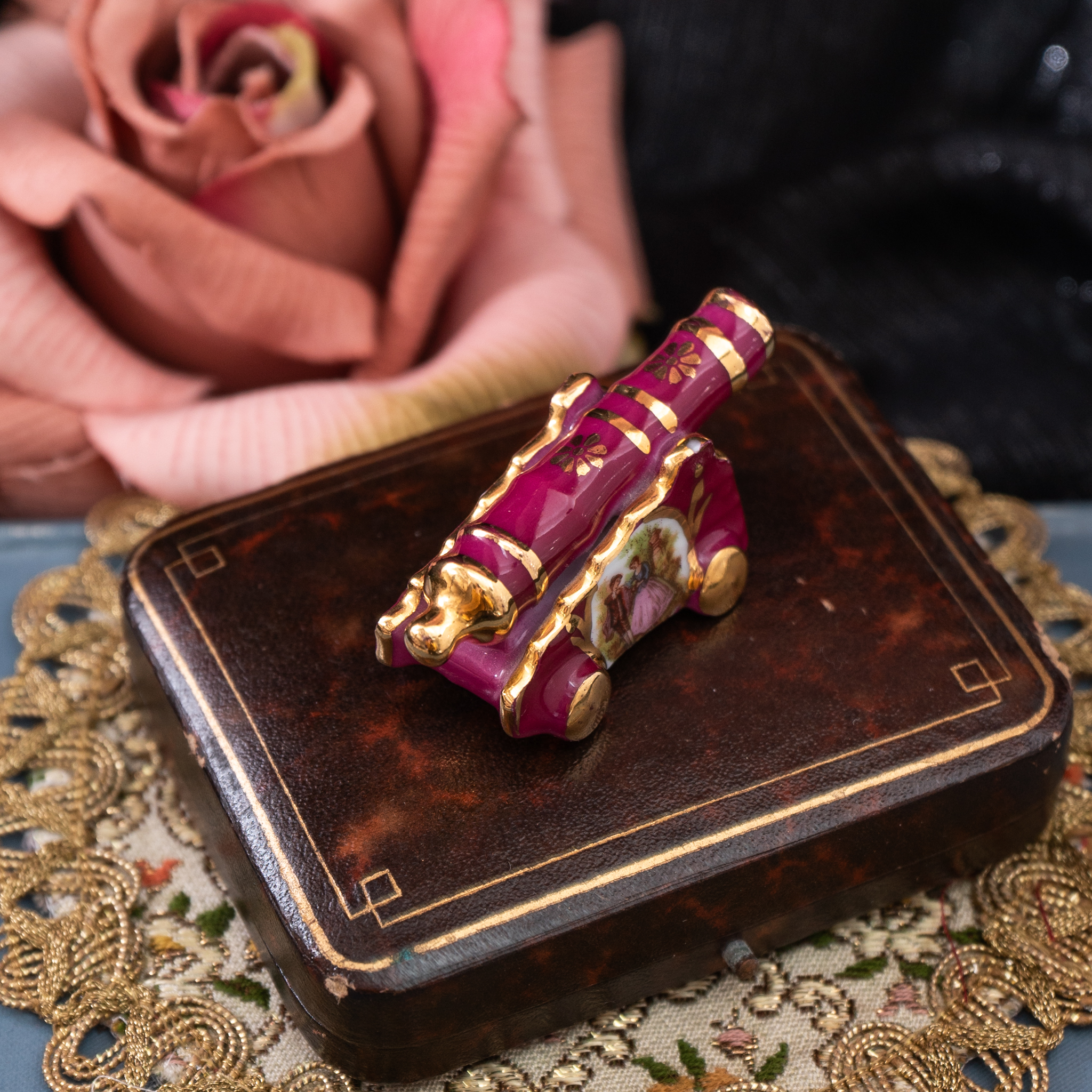 Vintage Mid-Century French Limoges Cranberry Red Porcelain Romantic Courting couple Miniature - Clock/ Cannon/ Shoe (MT1985)