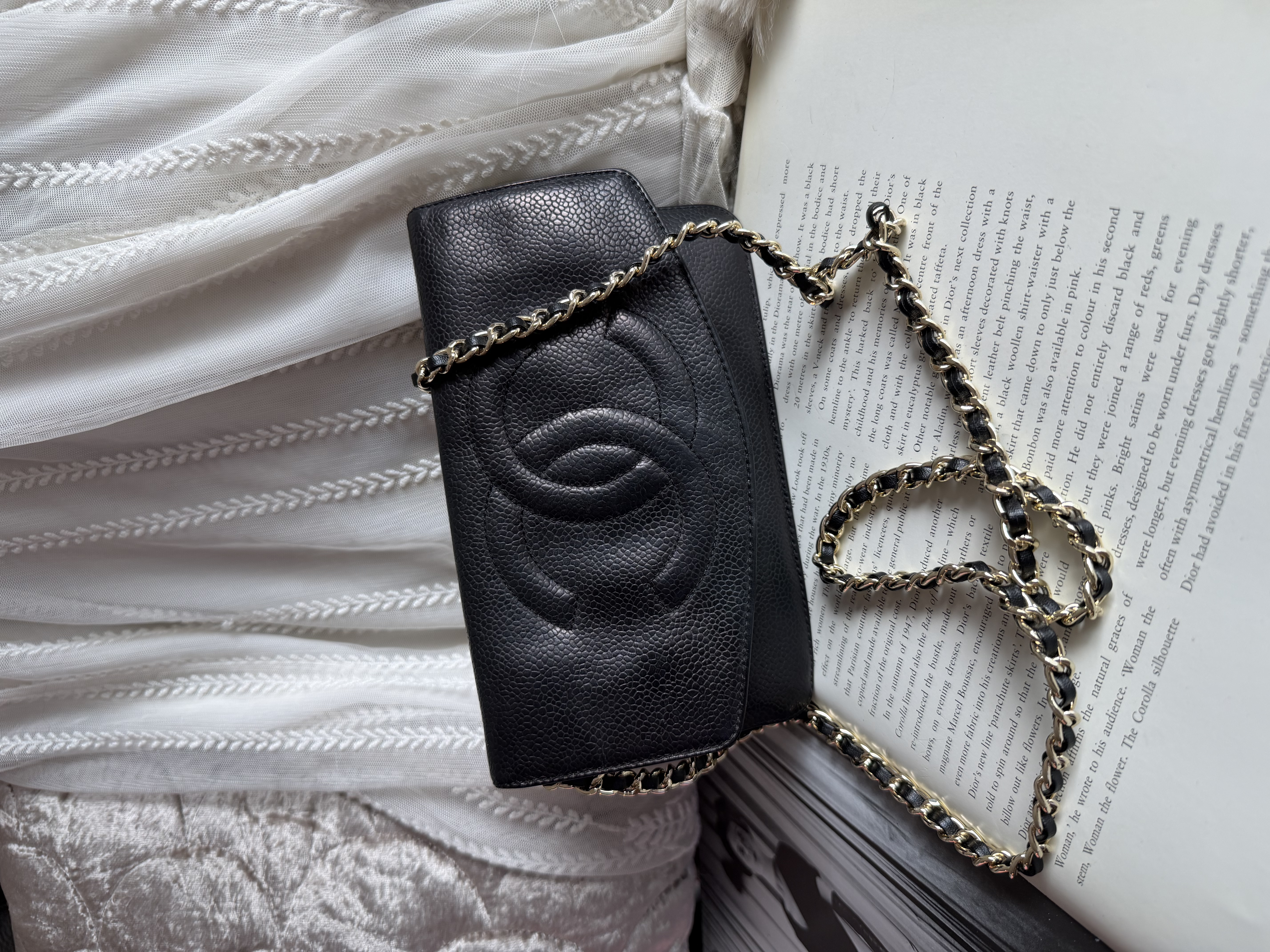 Vintage chanel black caviar leather long wallet