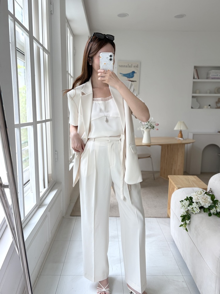 Aveline Belted Straight Slacks (Ivory)