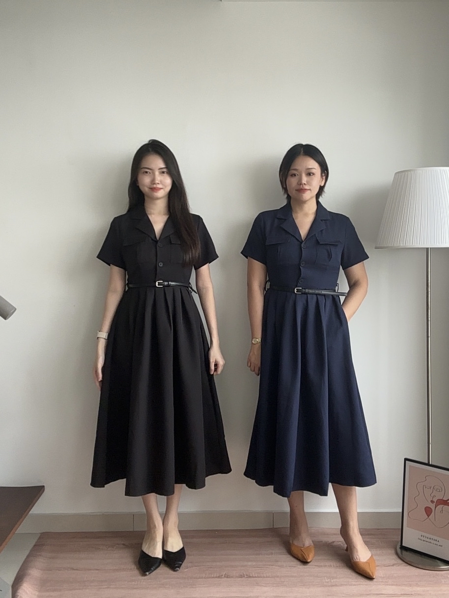 D2372 V Neck Pleated Dress - Black & Blue