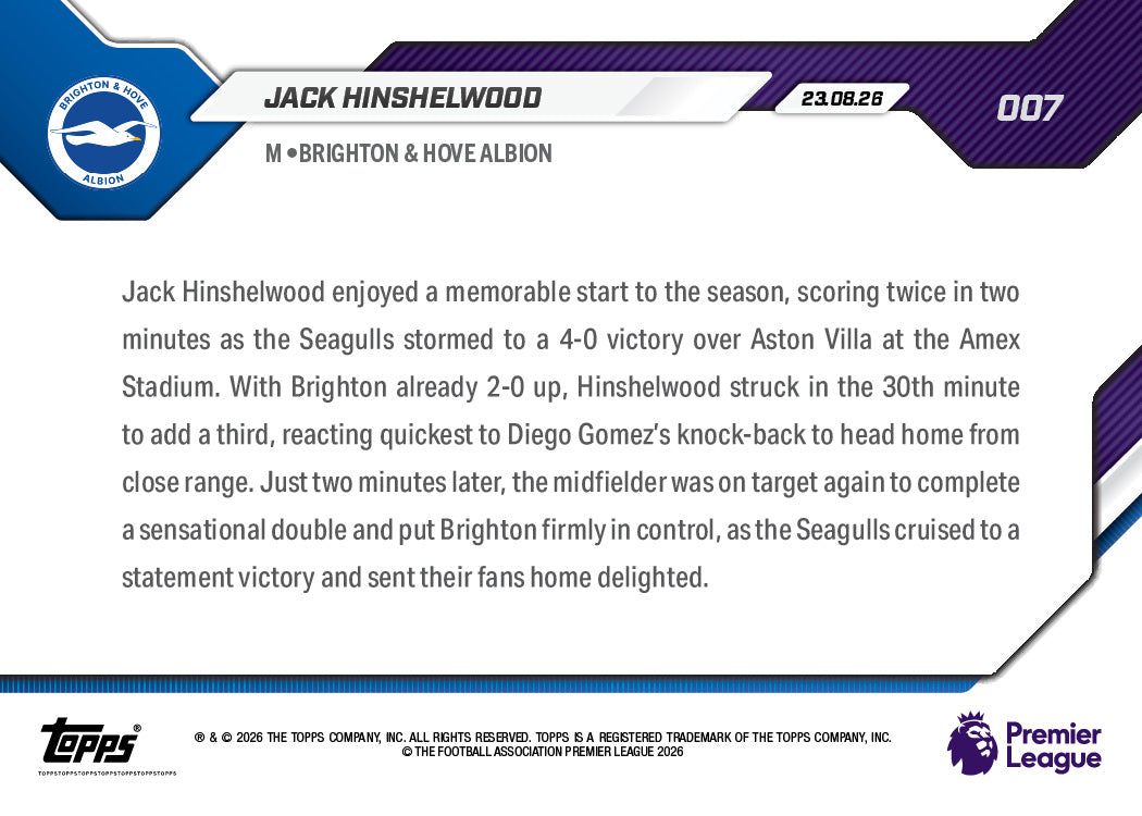 Jack Hinshelwood - 2026/27 Premier League Topps NOW® #7 梅開二度【團購】