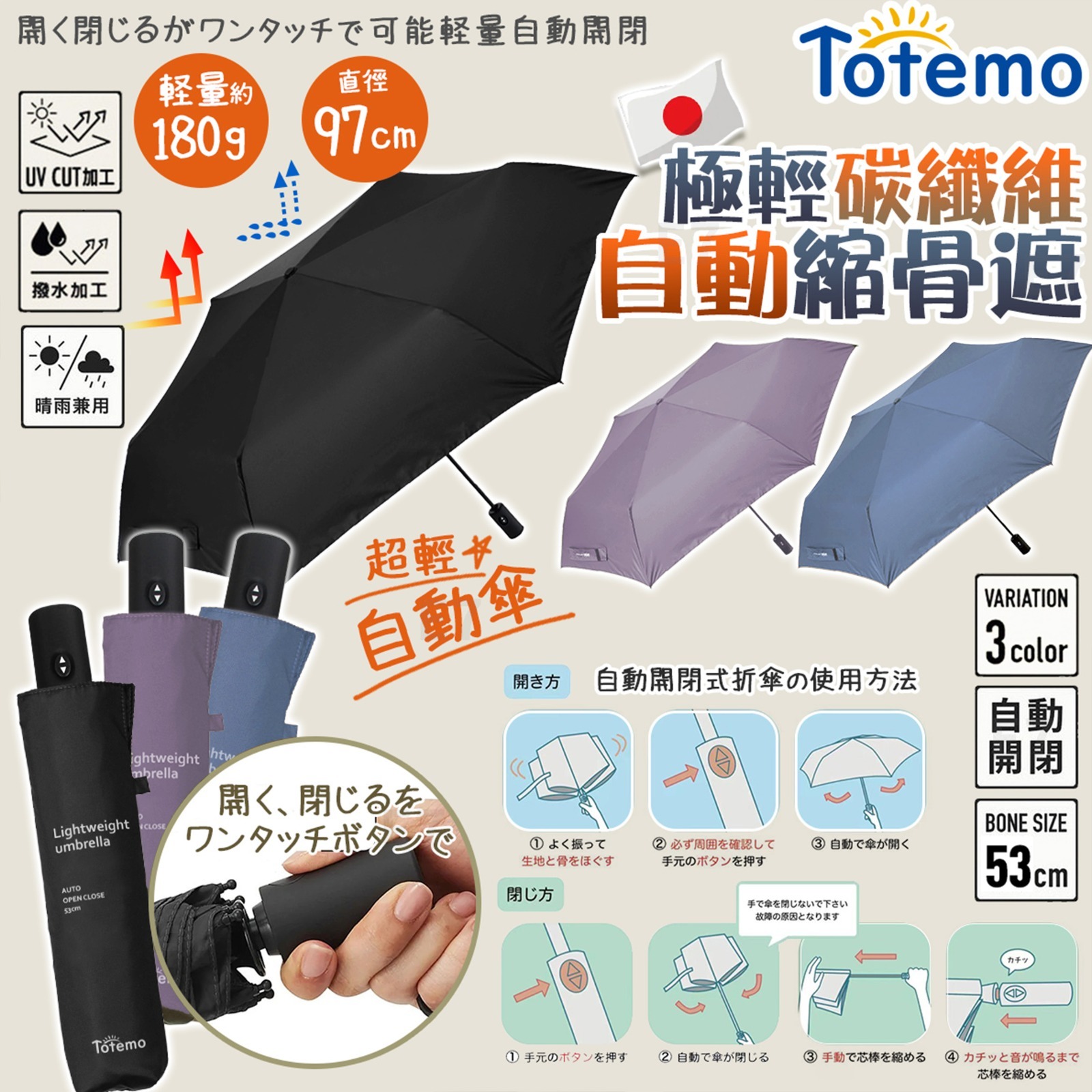 【預訂】日本大人氣 Totemo 超輕晴雨自動傘