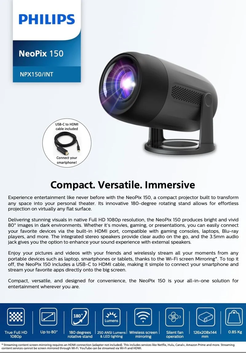Philips NeoPix 150 Projector | 飛利浦 NeoPix 150 家用投影機 | 投影機 | 1080p | 180度旋轉支架