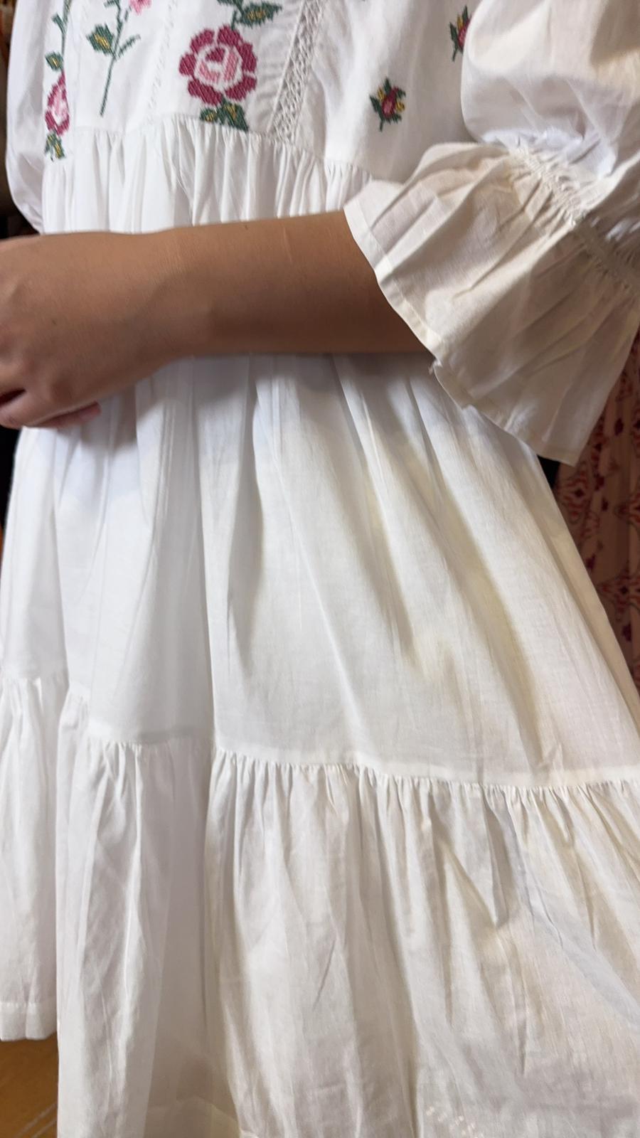 White Cotton Simple Floral Emb Short OP #1400