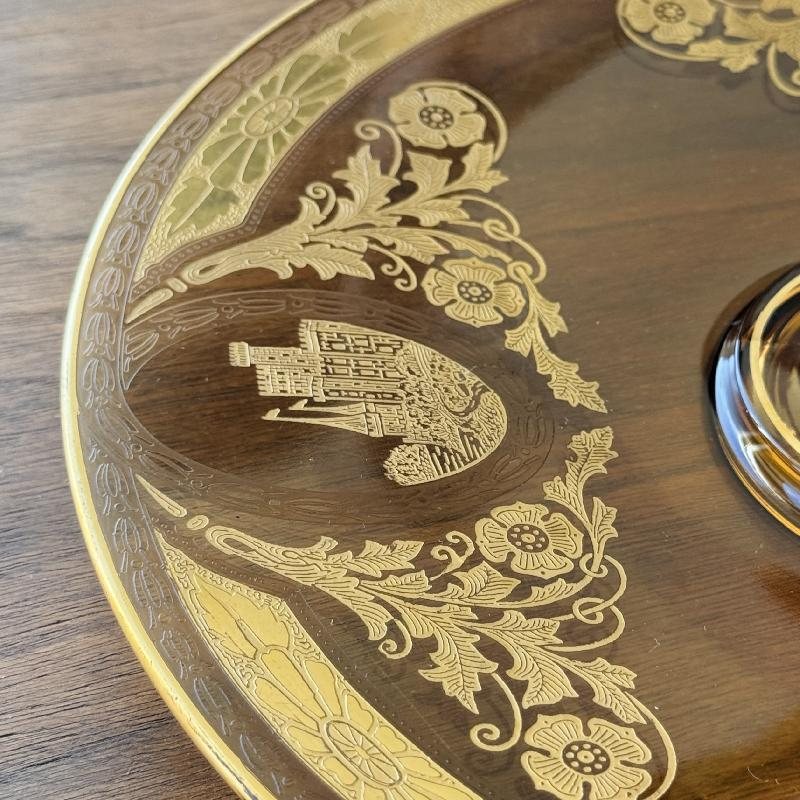 Antique 1920s Amber Glass Embossed Golden Castle and Scrollwork Pattern Large Cake Plate with Geometric Handle (MT2166)